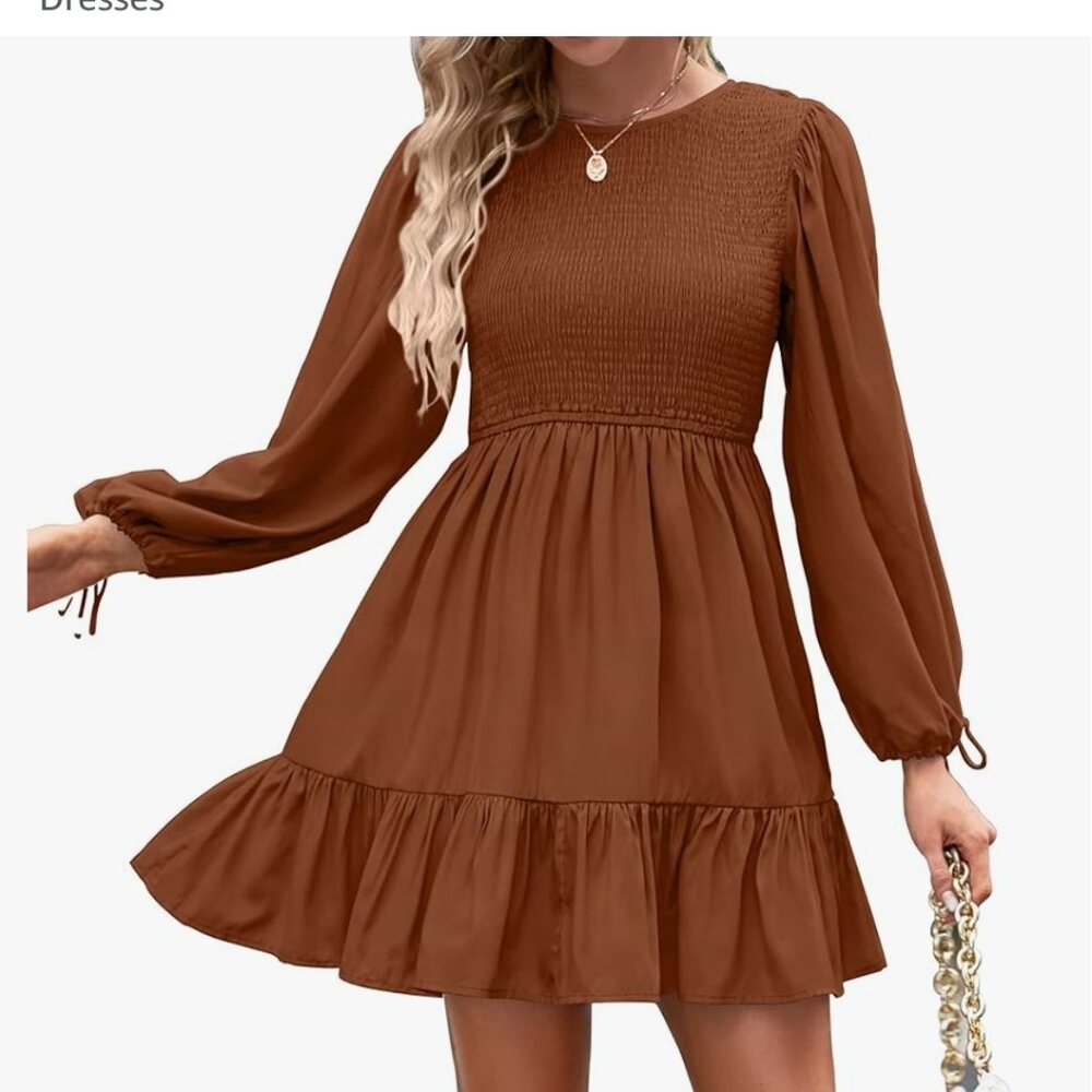 ZESICA Women's Long Sleeve Smocked Dress Casual Crew Neck Tiered Swing Dress